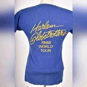 Vintage 1988 HARLEM GLOBETROTTERS Blue Russell Athletics World Tour T-Shirt USA